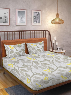 Huesland Cotton Double Flat 144 TC Floral Bedsheet(Pack of 1, Grey, Yellow)