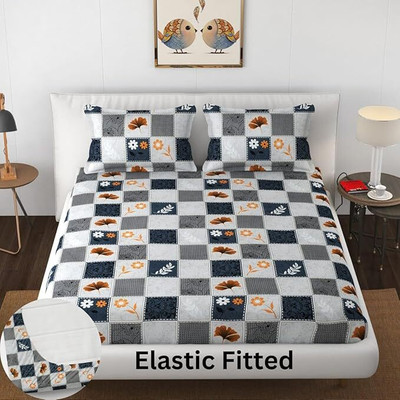 ARDM 210 TC Cotton Double Abstract Fitted (Elastic) Bedsheet(Pack of 1, Grey)