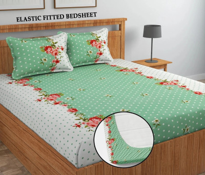 Moonroof Cotton King Fitted (Elastic) 255 TC Printed Bedsheet(Pack of 1, Green)