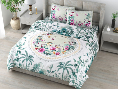 RJ Cotton King Flat 210 TC Printed Bedsheet(Pack of 1, Gren, Wht)
