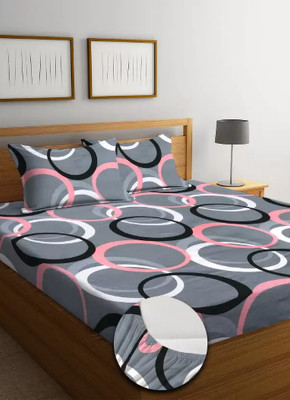 NCS Cotton Queen Fitted (Elastic) 300 TC Floral Bedsheet(Pack of 1, Grey)