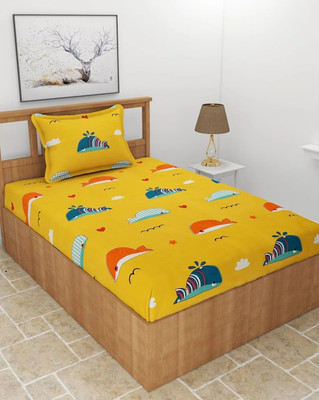 HOMYBEES 220 TC Cotton Single Abstract Fitted (Elastic) Bedsheet(Pack of 1, Yellow)