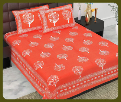 BedZone Cotton Double Flat 240 TC Jaipuri Prints Bedsheet(Pack of 1, Orange)