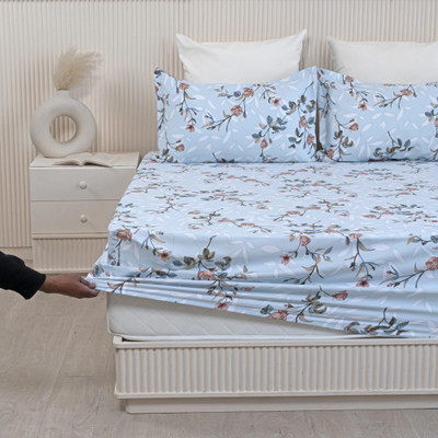 HOMEMONDE Cotton King Fitted (Elastic) 210 TC Printed Bedsheet(Pack of 1, Light Cyan)