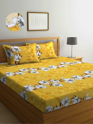 OM SAI DECOR Cotton King Fitted (Elastic) 350 TC Floral Bedsheet(Pack of 1, Yellow)