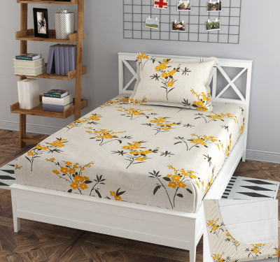 BLUEDOT 200 TC Cotton Single Floral Fitted (Elastic) Bedsheet(Pack of 1, Beige)