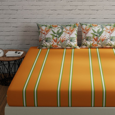 Huesland Cotton King Flat 144 TC Striped Bedsheet(Pack of 1, Stripes & Flamingo - Orange & Green)