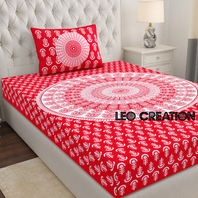 Leo Creation 144 TC Cotton Single Jaipuri Prints Flat Bedsheet(Pack of 1, Red, White)