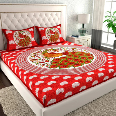 Cosito Cotton Double Flat 144 TC Jaipuri Prints Bedsheet(Pack of 1, Light Red)