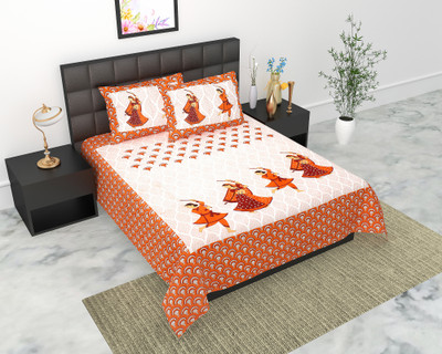Indian Royal Fashion Cotton Double Flat 144 TC Jaipuri Prints Bedsheet(Pack of 1, Brown)