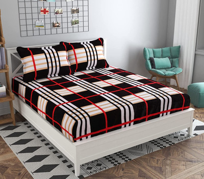 PROZONE 250 TC Velvet King Printed Fitted (Elastic) Bedsheet(Pack of 1, Box & Brown)