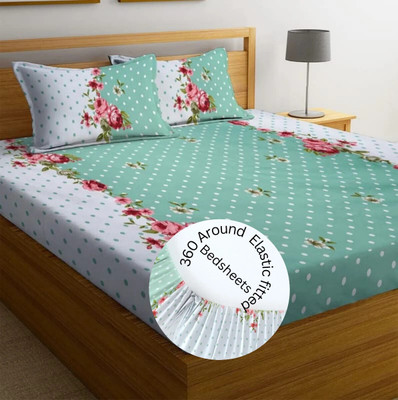 BlinkBerry 250 TC Cotton Double, King Floral Fitted (Elastic) Bedsheet(Pack of 1, Luxury Green Dots Design Wrinkle Free Soft Bedsheet)