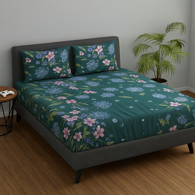 KURRY HOME FURNISHING Microfiber Double Flat 220 TC Floral Bedsheet(Pack of 1, Green)