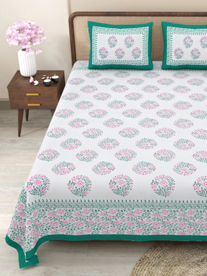 CLOTHOLOGY Cotton King Flat 240 TC Jaipuri Prints Bedsheet(Pack of 1, Green)