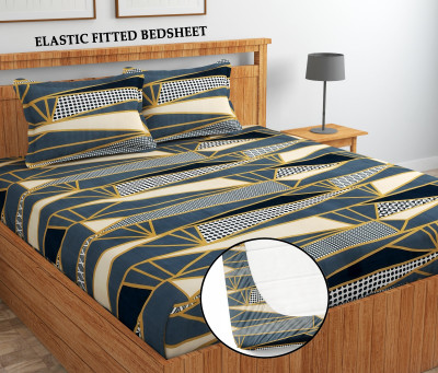 LATHWAL CREATIONS 254 TC Cotton King Printed Fitted (Elastic) Bedsheet(Pack of 1, Grey Trangle)