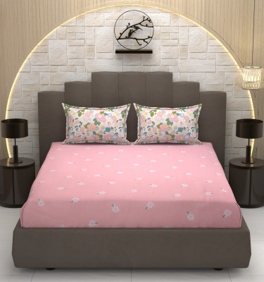 OSONICTEXTILE 254 TC Cotton Double Printed Fitted (Elastic) Bedsheet(Pack of 1, Pink)