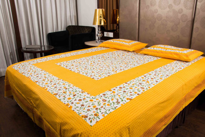 PALANG SHOBHA Cotton Double Flat 120 TC Jaipuri Prints Bedsheet(Pack of 1, Yellow)