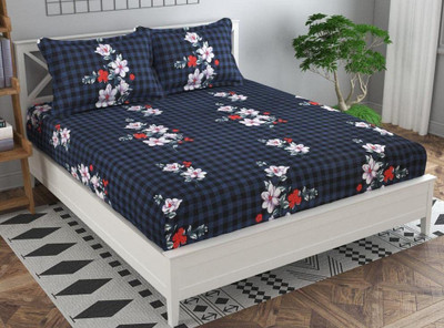 Dahlia 200 TC Polycotton Double Floral Fitted (Elastic) Bedsheet(Pack of 1, Black & White)