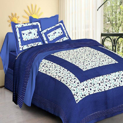 E ELMA 104 TC Cotton Double Printed Flat Bedsheet(Pack of 1, Blue)