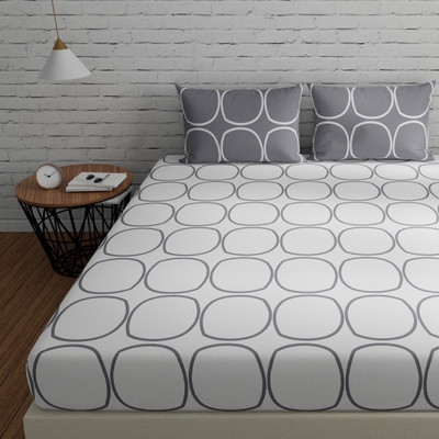 Huesland Cotton Double Flat 144 TC Printed Bedsheet(Pack of 1, White & Grey)