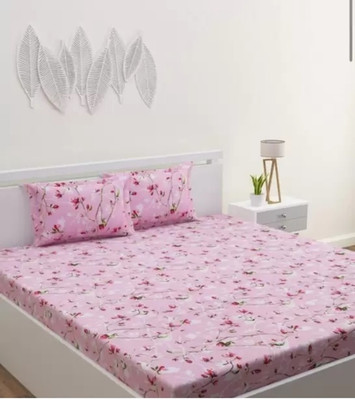 Comfolust 240 TC Microfiber King Printed Fitted (Elastic) Bedsheet(Pack of 1, Pink)