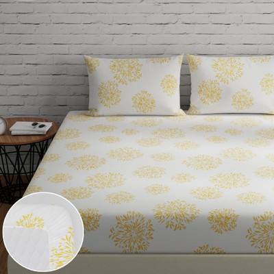 Huesland Cotton King Fitted (Elastic) 144 TC Geometric Bedsheet(Pack of 1, White (Yellow Print))