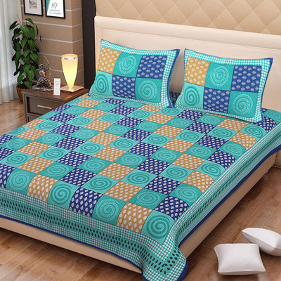 KANDY SHOP Cotton King Flat 94 TC Jaipuri Prints Bedsheet(Pack of 1, Blue)