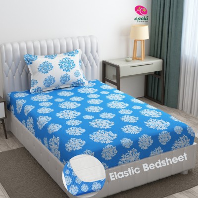 Apala 280 TC Microfiber Single Floral Fitted (Elastic) Bedsheet(Pack of 1, Blue & White)