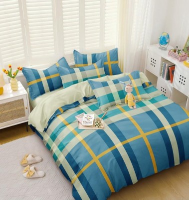 TIB 130 TC Polycotton Double Printed Flat Bedsheet(Pack of 1, Checkered-Blue)