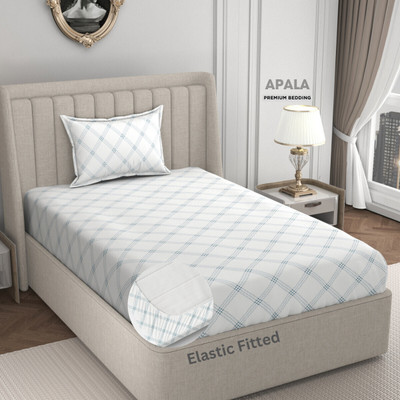 Apala 280 TC Microfiber Single Geometric Fitted (Elastic) Bedsheet(Pack of 1, White (Blue Print))