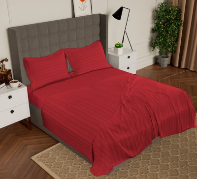 AVI 300 TC Cotton Single Striped Flat Bedsheet(Pack of 2, Red)