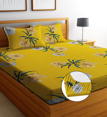 EXFAB 244 TC Cotton King Printed Fitted (Elastic) Bedsheet(Pack of 1, Laali)