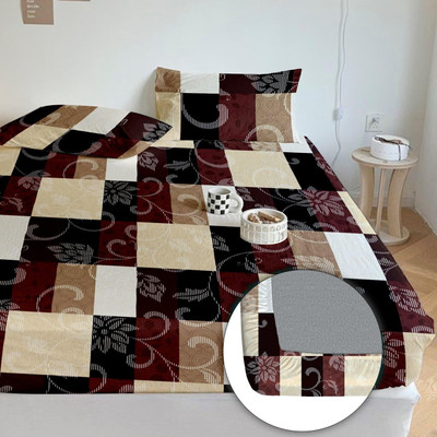 AnandStore 170 TC Cotton Double Checkered Fitted (Elastic) Bedsheet(Pack of 1, Beige)
