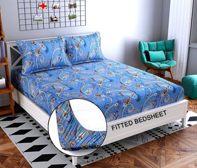 Tuteja Home Decors 220 TC Cotton Double Printed Fitted (Elastic) Bedsheet(Pack of 1, Blue designer fitted double bedsheet with matching pillow cover)
