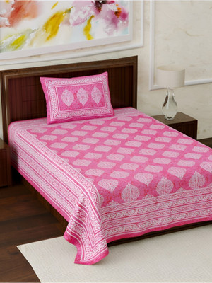 Poorak 104 TC Cotton Single Jaipuri Prints Flat Bedsheet(Pack of 1, Pink)