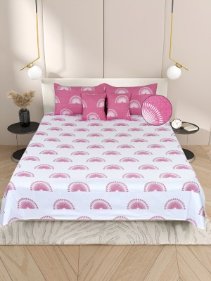 Moonroof 300 TC Cotton Double Printed Flat Bedsheet(Pack of 1, White+Pink(1 Flat Bedsheet +2 Pillow Cover +2 Cushion Covers with Filler)