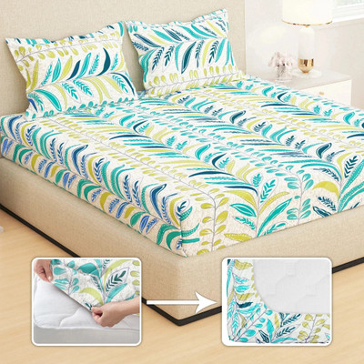 Story@home 210 TC Microfiber King Printed Fitted (Elastic) Bedsheet(Pack of 1, Teal Blue, White)
