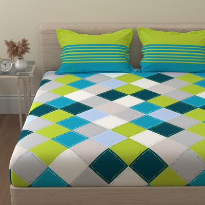 Huesland Cotton King Flat 144 TC Checkered Bedsheet(Pack of 1, Blue, Green and Grey)