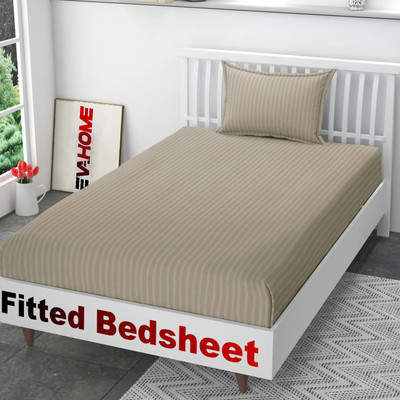 EVAHOME Cotton Single Fitted (Elastic) 300 TC Striped Bedsheet(Pack of 1, Camel)