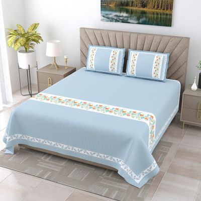 JAIPUR FABRIC Cotton Super King Flat 240 TC Printed Bedsheet(Pack of 1, Light Blue)
