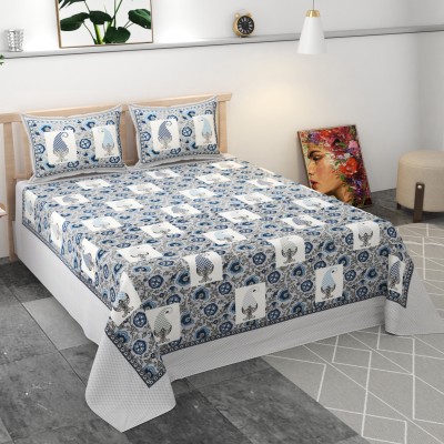 M Mable 140 TC Cotton King Printed Flat Bedsheet(Pack of 3, White, Grey, Blue)