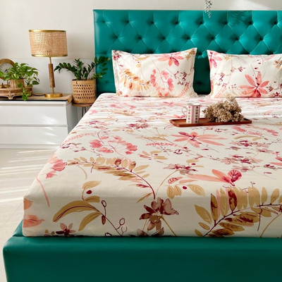 Urban Space Cotton Double Flat 200 TC Printed Bedsheet(Pack of 1, Floral Feast Peach)