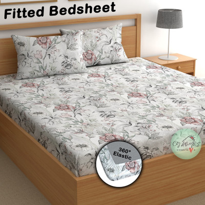 CG Homes Cotton Double Fitted (Elastic) 180 TC Printed Bedsheet(Pack of 1, Grey Floral)