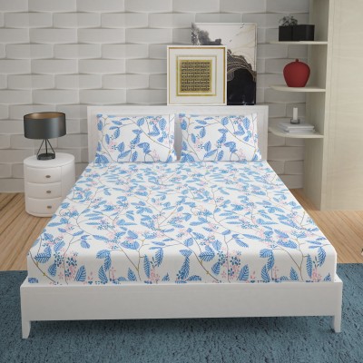 MYMATE 220 TC Cotton Double Floral Flat Bedsheet(Pack of 1, BLUE WHITE)