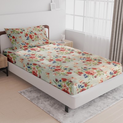 LABHAM 140 TC Cotton Single Floral Flat Bedsheet(Pack of 1, Beige02)