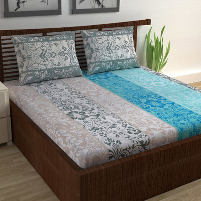 Divine Casa Cotton Double Flat 144 TC Floral Bedsheet(Pack of 1, Blue & Grey)