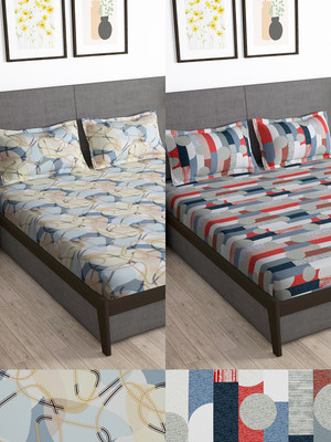 Story@home 180 TC Microfiber Double Printed Flat Bedsheet(Pack of 2, Grey, Sky Blue)