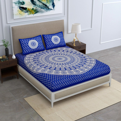 BharatLinen Cotton Queen Flat 144 TC Jaipuri Prints Bedsheet(Pack of 1, white and blue)
