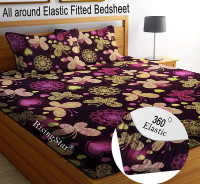 RisingStar Cotton King Fitted (Elastic) 250 TC Printed Bedsheet(Pack of 1, Fitted_King_Black,Red,fly_1+2)