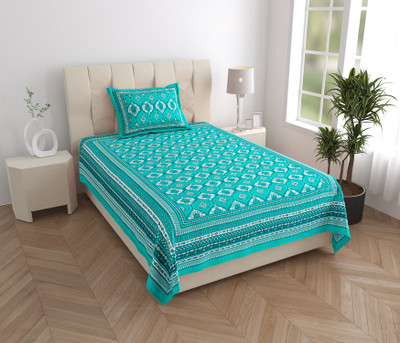 Mandakini 144 TC Cotton Single Jaipuri Prints Flat Bedsheet(Pack of 1, C Green)